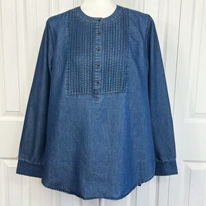 Fourteenth Place Blue Denim Chambray Pintuck Pleated Popover Blouse Large
